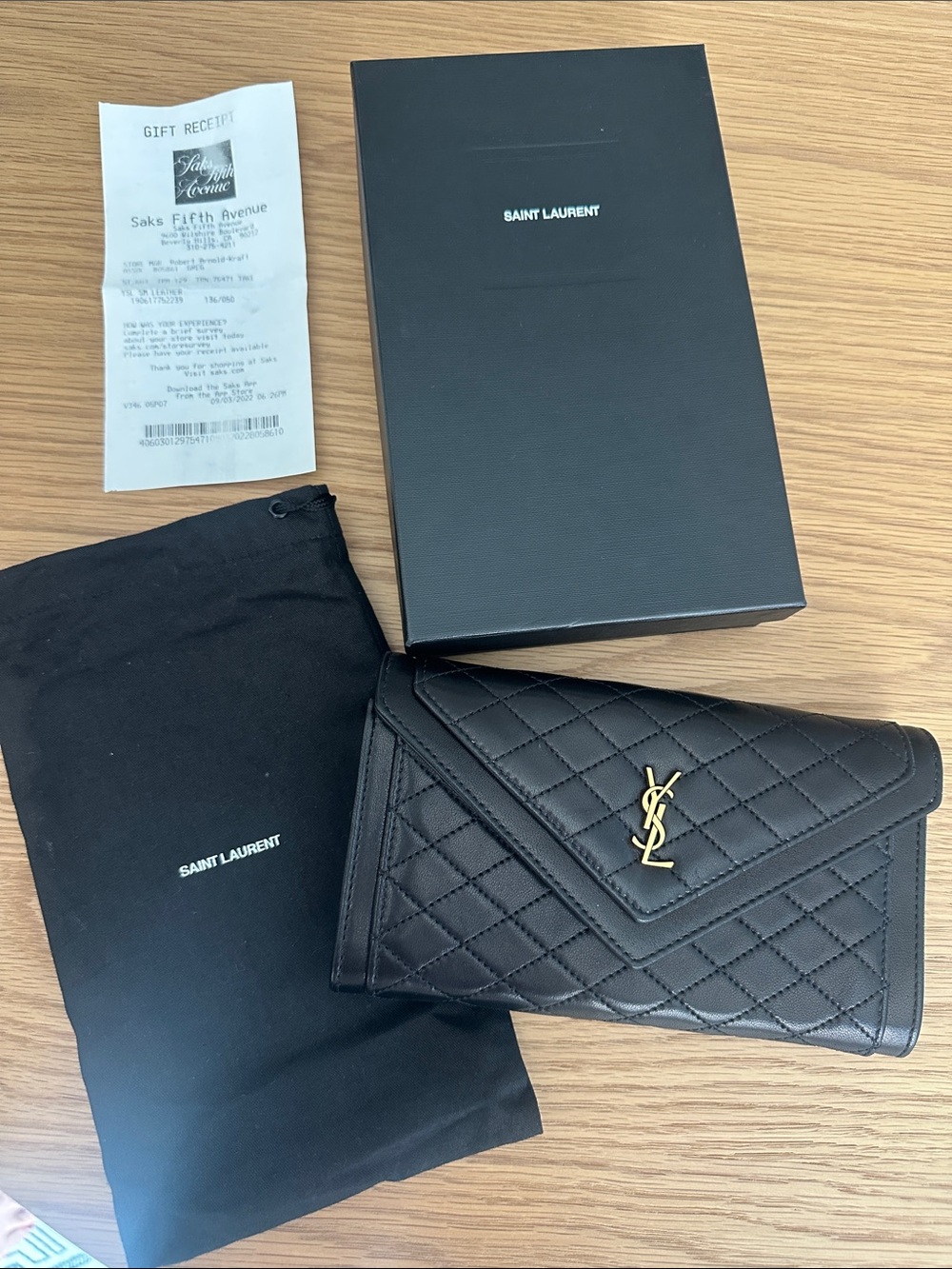 Saint Laurent Black Quilted Envelope Wallet with Gold YSL Logo